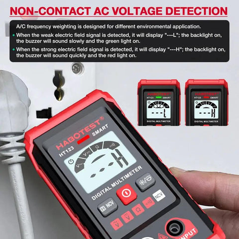 Your Go To Digital Multimeter With LED Backlight Non Contact Voltage Detection Auto Range Shifting shown detecting AC voltage.