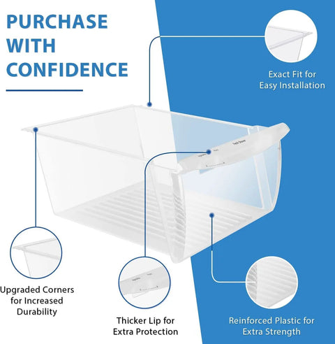 Upgraded Crisper Bin Replacement For Refrigerator Model 240351061 with reinforced plastic and upgraded corners shown.