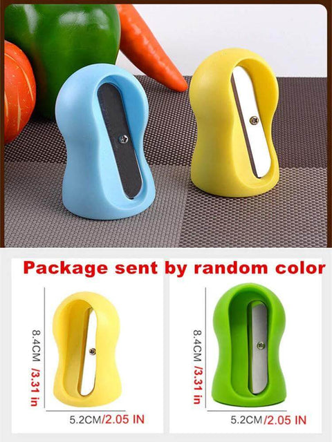 Spiral slicers: two blue and yellow handheld plastic units with metal blades (front view).