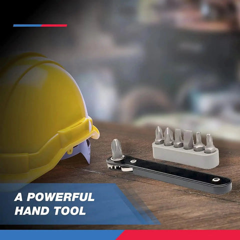 Image featuring Compact One Quarter Inch Drive Mini Ratchet Screwdriver Set, Eight Piece, shown with yellow hard hat.