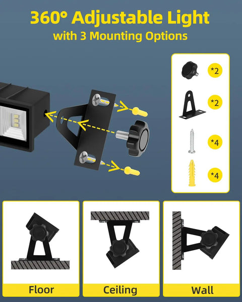 Super Brighter 5400LM 45W LED Shop Light With 6Ft Cord And On Off Switch, showing 360° adjustable mount options.