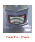 Close-up of a grey vacuum showing filter compartment labeled 'Press Each Corner' to access filter. Six Pack Vacuum Filter Replacement For Navigator Lift Away NV350 NV351 NV352 NV355 NV356 NV357 NV360 NV370 NV391 UV440 UV490 UV540 XFF350 XHF350 Compatible