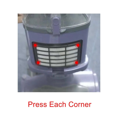 Close-up of a grey vacuum showing filter compartment labeled 'Press Each Corner' to access filter. Six Pack Vacuum Filter Replacement For Navigator Lift Away NV350 NV351 NV352 NV355 NV356 NV357 NV360 NV370 NV391 UV440 UV490 UV540 XFF350 XHF350 Compatible