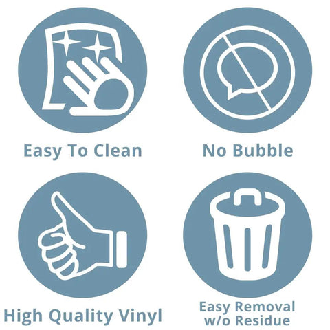 Icons showing features of Budget Friendly Concrete Look Vinyl Countertop Laminate Peel And Stick Sheet 18 Ft Long Self Adhesive