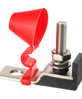 Marine Rated Battery Fuse Block For 30 To 300 Amp Fuses, MRBF Terminal Fuse Holder Kit With Red Cap, Washer, Lock Washer, And M8 Nut For Reliable Marine Power Distribution And Electrical Safety. MRBF fuse block with red cap, M8 stud, washer and nut