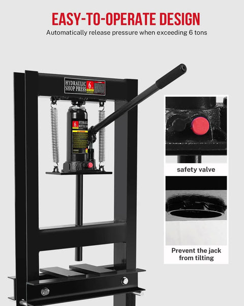 Beefy 6 Ton Hydraulic H Frame Shop Press with adjustable height, safety valve, and protection features for metalworking.