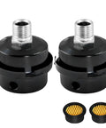 Two Pack Three Eighths Inch Air Compressor Muffler Silencer With 16mm Inlet Filter, Sound Dampener, Iron Shell, Shown on White Background
