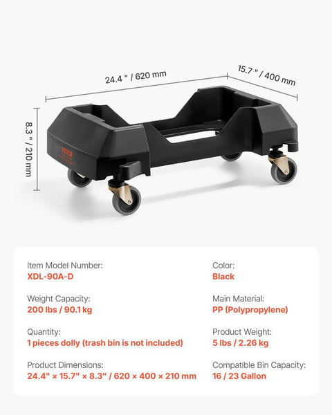 Heavy Duty Trash Can Dolly Featuring Slick 4 Way Swivel Casters Fitting 16 And 23 Gallon Bins Built Tough For No Sweat Waste Moving Up To 200 Lbs Capacity, black polypropylene structure with caster wheels.