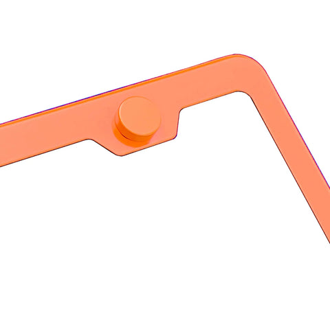 Close-up of Orange 8K Mirror Polished Stainless Steel License Plate Frame corner with screw cap, slim modern design.