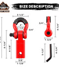 Beefed Up Tow Hitch Receiver 2 Inch Ultra Heavy Duty With 45,000 Lb Break Strength Shackle Kit 5/8 Inch Screw Pin 3/4 Inch D Ring Shackle Towing Accessory For Off Road Vehicles Red with size measurements.