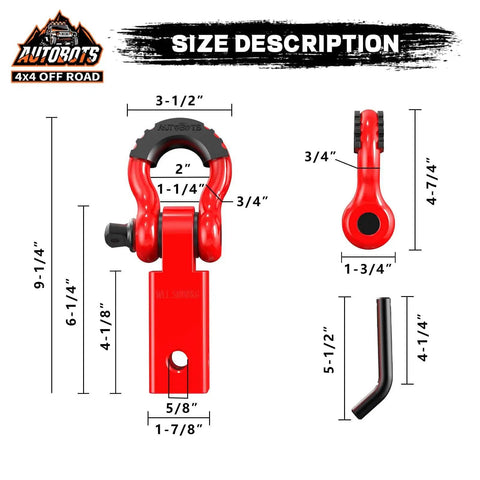 Beefed Up Tow Hitch Receiver 2 Inch Ultra Heavy Duty With 45,000 Lb Break Strength Shackle Kit 5/8 Inch Screw Pin 3/4 Inch D Ring Shackle Towing Accessory For Off Road Vehicles Red with size measurements.