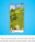 Portable Golf Launch Monitor And Simulator Bundle With 10 Hour Battery Life app on smartphone screen showing virtual golf course.