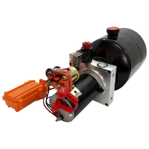 Dinenovate 12V Small Hydraulic Power Unit 800W Single Valve Pump Station With 6L Tank, showcasing robust iron build and key components.