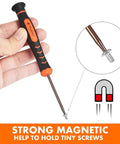 Hand holding Magnetic Torx Screwdriver Set T2 Through T15, featuring magnetic tip lifting a small screw.