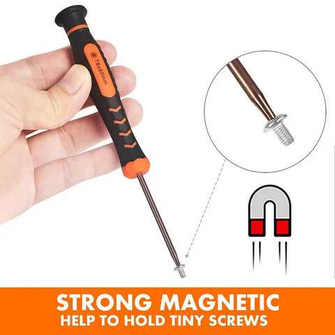 Hand holding Magnetic Torx Screwdriver Set T2 Through T15, featuring magnetic tip lifting a small screw.