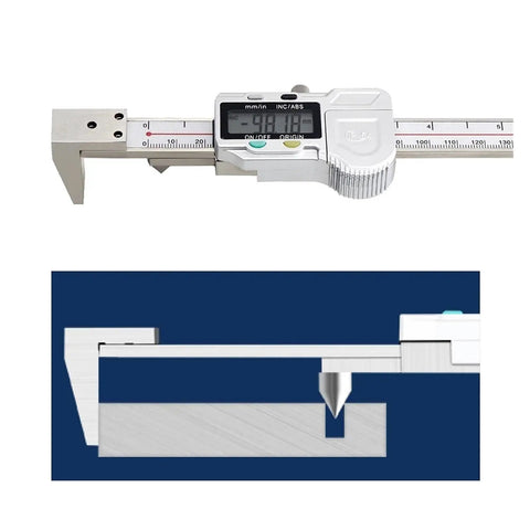 Edge Distance Center Distance Digital Caliper Horizontal Side to Hole Center Distance Size Measurement Electronic Tools(5-200mm) with digital display and metal body.