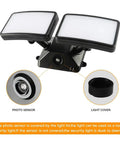 Dusk To Dawn LED Security Light With Built In Sensor 18W Plug In Flood Light Outdoor 5000K Daylight 1600LM IP55 Waterproof Adjustable Two Head Wall Mount Flood Light For Garage Porch Yard Black front view