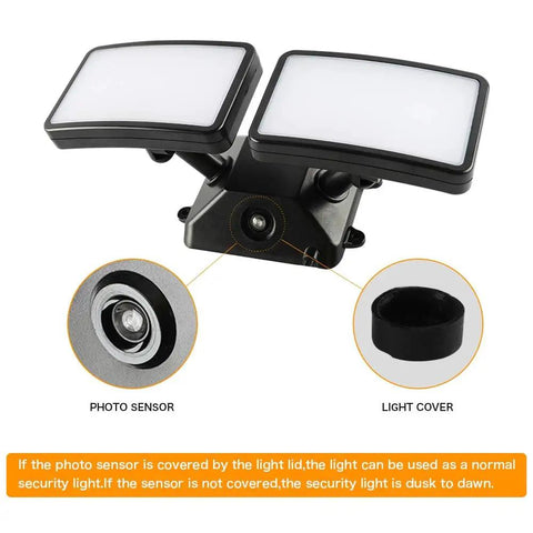 Dusk To Dawn LED Security Light With Built In Sensor 18W Plug In Flood Light Outdoor 5000K Daylight 1600LM IP55 Waterproof Adjustable Two Head Wall Mount Flood Light For Garage Porch Yard Black front view