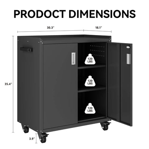 Heavy Duty Rolling Storage Cabinet For Garage And Shop, Two Door Metal Cabinet With Two Adjustable Shelves, Lockable Wheels And Locking Doors, 35 Inch Tall Large Capacity Tool Chest In Black, dimensions shown open