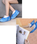 People wearing blue shoe covers on carpet, showcasing Disposable Shoe Covers Green 50 Count 25 Pairs Waterproof Non Slip Dust Proof Anti Static Tear Resistant With Anti Skid Surface No Mess Protect Your Shoes Floors Carpets One Size Fits Most