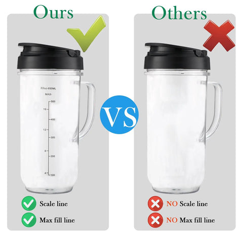 Tall 22oz Blender Cup With Flip Top To-Go Lid And Cross Blade clear replacement cup with handle, 650ml/22oz marks