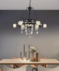 Wagon Wheel Chandelier 9 Light Black Farmhouse Industrial Metal Pendant Light with Crystal Accents over dining table