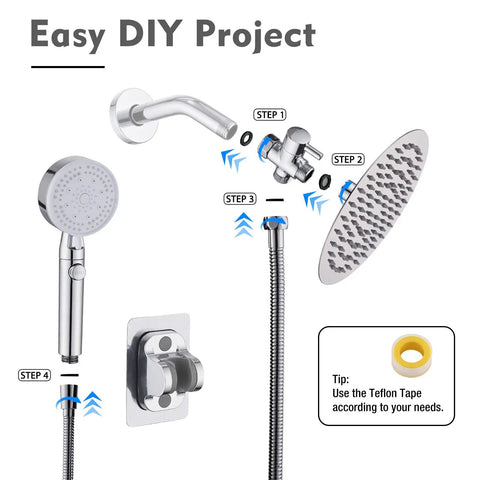 Installation guide for Dual Shower Head With Handheld Combo, 8 Inch Rain Shower Head Plus Handheld, chrome, with 72 Inch Hose.