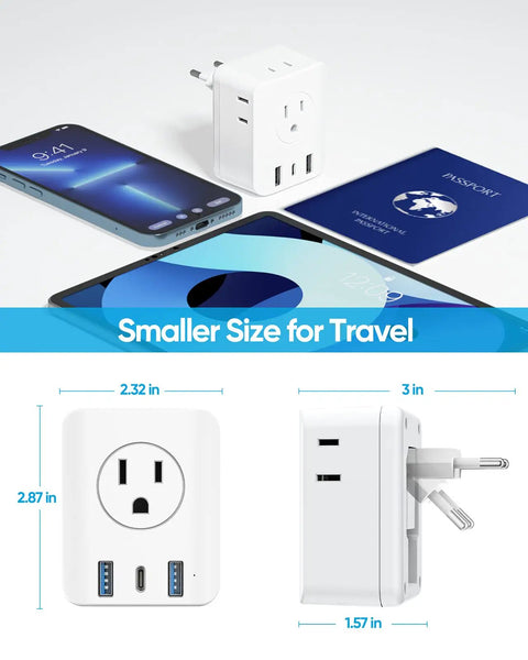 Seven In One Foldable European Travel Plug Adapter With Four AC Outlets And Three USB Ports Type C for Europe travel, next to gadgets