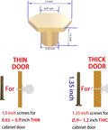Diagram showing dimensions of Brushed Gold Hexagon Cabinet Knobs And Drawer Pulls, 12 Pack, 1-1/3 Inch, for various door thicknesses.