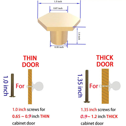 Diagram showing dimensions of Brushed Gold Hexagon Cabinet Knobs And Drawer Pulls, 12 Pack, 1-1/3 Inch, for various door thicknesses.