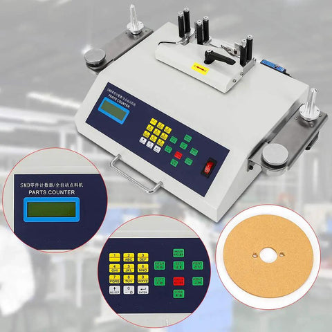 Totally Automatic SMT SMD Component Counter Machine for Precision PCB Parts Counting, 25W High Speed SMT SMD Parts Counter, Easy Material Handling and Accurate Inventory for Electronics Assembly on white metal body with keypad