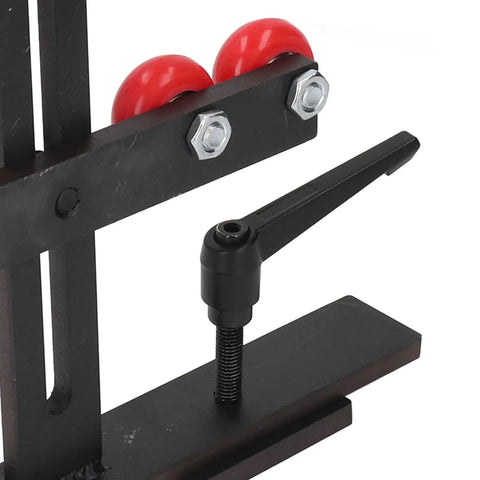 Close-up of adjustment lever and wheels on Pro Grade Wood Lathe Steady Rest With Stable L Shaped Woodworking Center Frame Cast Iron Tool Rest