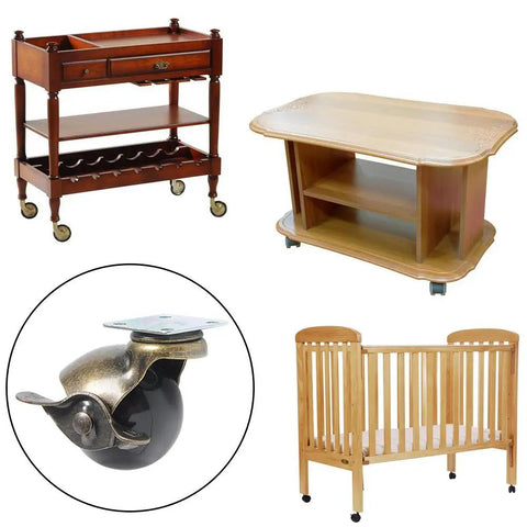 Top Shelf 4 Pack Heavy Duty Furniture Caster Wheels In Antique Brass With 360 Degree Swivel Tops, shown under furniture.