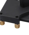 Close-up of four in one router corner jig with hardened aluminum alloy and brass knobs for precise edge trimming.