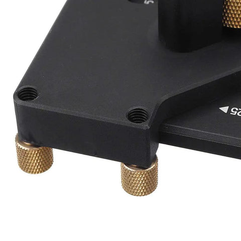 Close-up of four in one router corner jig with hardened aluminum alloy and brass knobs for precise edge trimming.