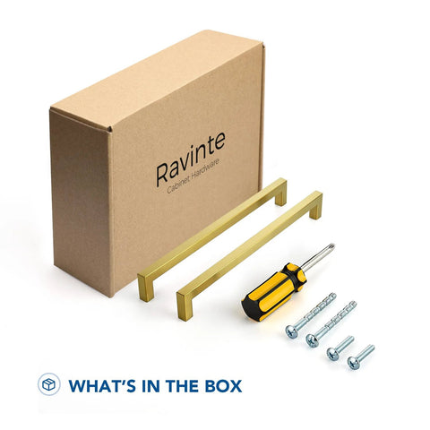 10 Pack Square Cabinet Pulls 10 Inch Brushed Brass Gold Kitchen Cabinet Handles For Cabinets And Drawers, screws, and screwdriver.