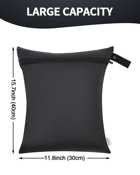 Waterproof Wet Bags Three Pack For Diapers Beach Pool Gym Swimsuits Food Storage And Wet Clothes with dimensions.