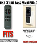 Wall Mount Remote Holder For Ceiling Fan Remotes REM-ARTC-1 REM-ARTC-2 with remote and screws shown on white background.