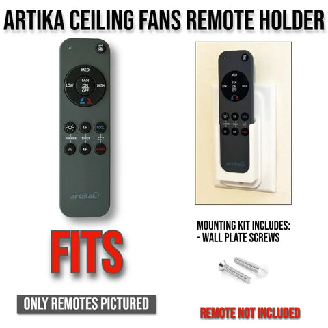 Wall Mount Remote Holder For Ceiling Fan Remotes REM-ARTC-1 REM-ARTC-2 with remote and screws shown on white background.