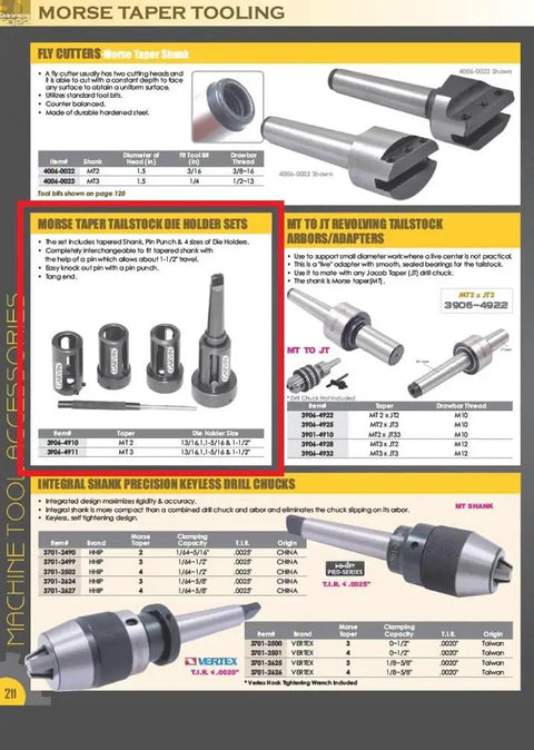 Tailstock Die Holder Set With MT3 Tapered Shank Includes Pin Punch And Four Die Holders in various sizes