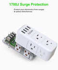 10 In 1 Wall Outlet Extender With USB And Rotating Plug 1700J Surge Protector, six outlets on three sides with four USB ports.
