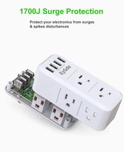 10 In 1 Wall Outlet Extender With USB And Rotating Plug 1700J Surge Protector, six outlets on three sides with four USB ports.
