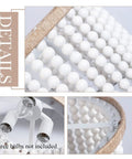 Close-up of Bohemian Wood Beaded Chandelier Three Light Pendant With White Finish showing wood beads and rope details.