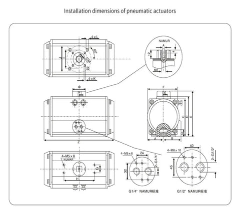 Installation dimensions of Heavy Duty AT125 Pneumatic Actuator Double Acting Spring Return Air Cylinder for 90 Degree Rotary Motion