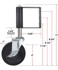 Diagram of spring loaded gate wheel for wooden and metal tube swing gates with 4-inch rollers and brake, 220 lb capacity in black.