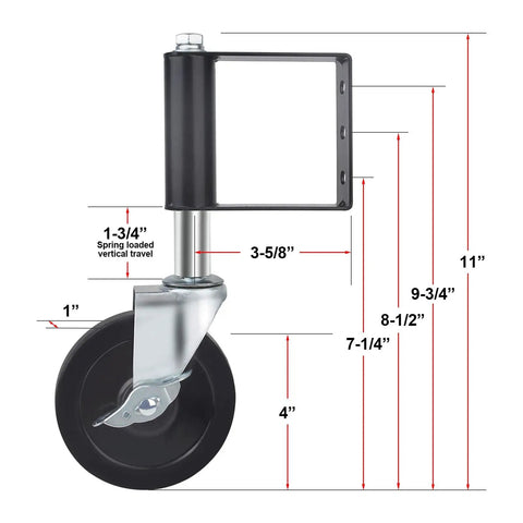 Diagram of spring loaded gate wheel for wooden and metal tube swing gates with 4-inch rollers and brake, 220 lb capacity in black.