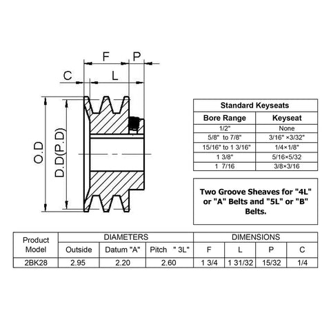 Beefy Double Groove V Belt Pulley With 1 Inch Bore And 2.95 Inch OD Cast Iron For A AX B BX 4L 5L V Belts technical diagram