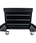 Heavy Duty 3 Drawer Rolling Tool Chest Seat With Magnetic Side Trays Black Vinyl Padded Seat Roller Bearing Slides Two Folding Tool Trays 350 Lbs Capacity For Pros And DIYers shown from front, highlighting drawers and trays.