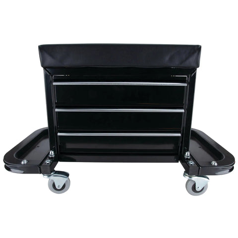 Heavy Duty 3 Drawer Rolling Tool Chest Seat With Magnetic Side Trays Black Vinyl Padded Seat Roller Bearing Slides Two Folding Tool Trays 350 Lbs Capacity For Pros And DIYers shown from front, highlighting drawers and trays.
