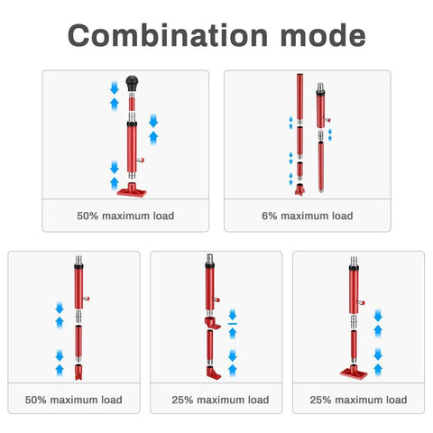 Red 10-ton Porta Power hydraulic jack with detachable rods and base, shown in multi-panel combination-mode diagrams.